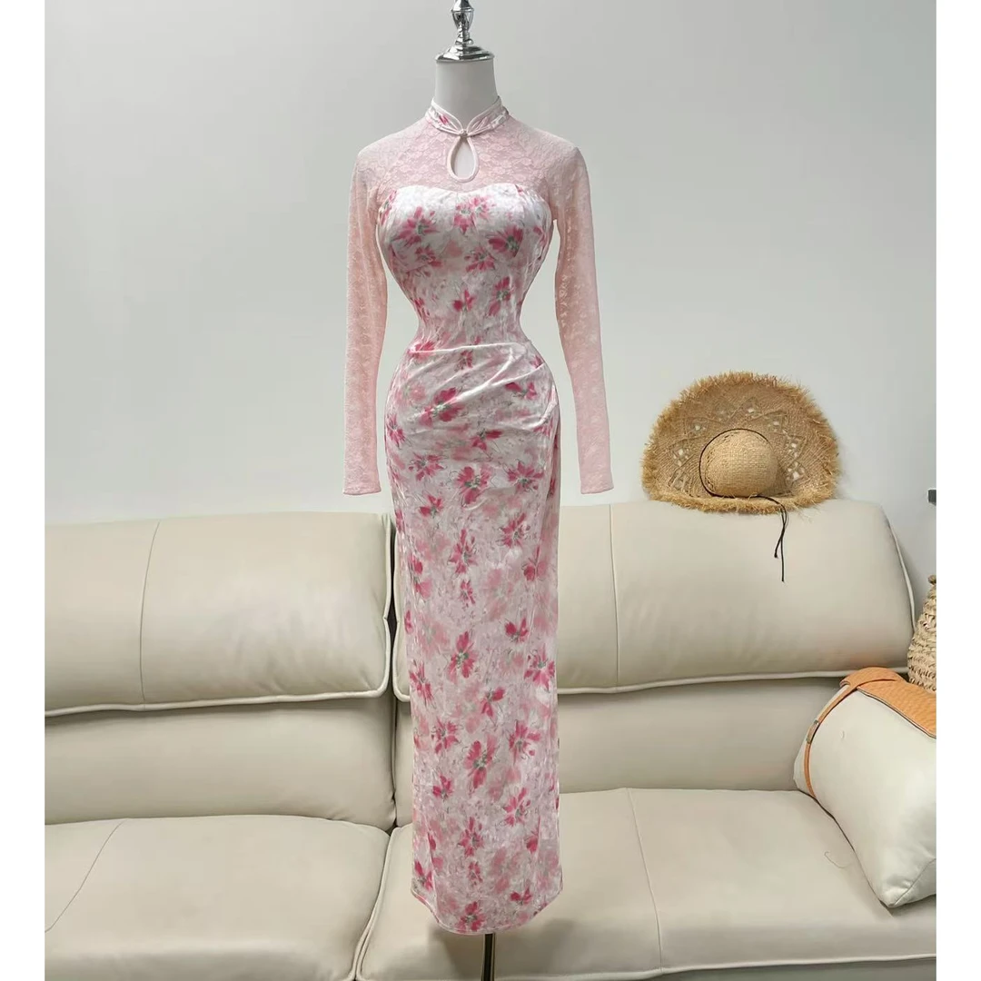 BECHARMING「桃羽风信」纯欲气质镂空蕾丝拼接收腰长袖连衣裙Q1355