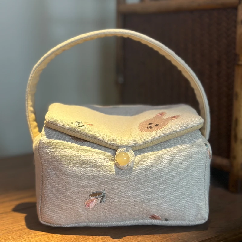 草木茶社 棉麻绣花小兔子一室一厅提包 便携式茶具收纳包