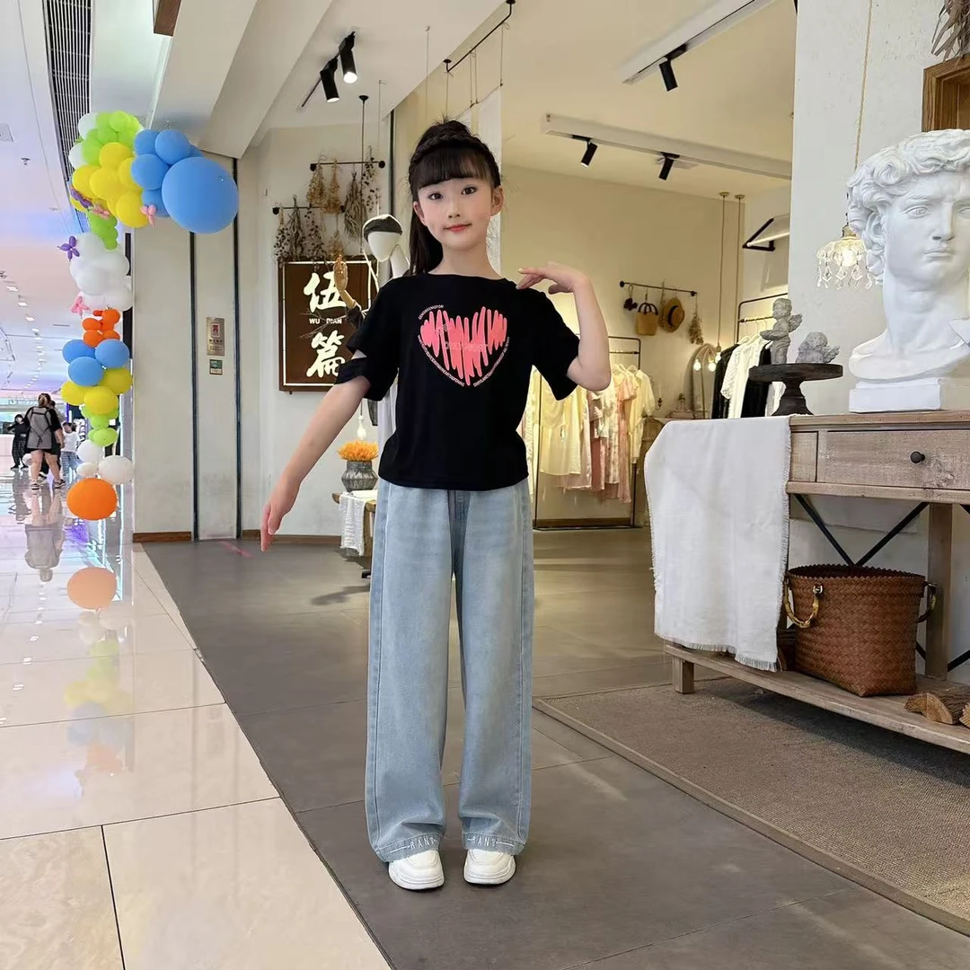 女童短袖套装2025新款儿童时髦牛仔裤夏季女孩夏装洋气两件套