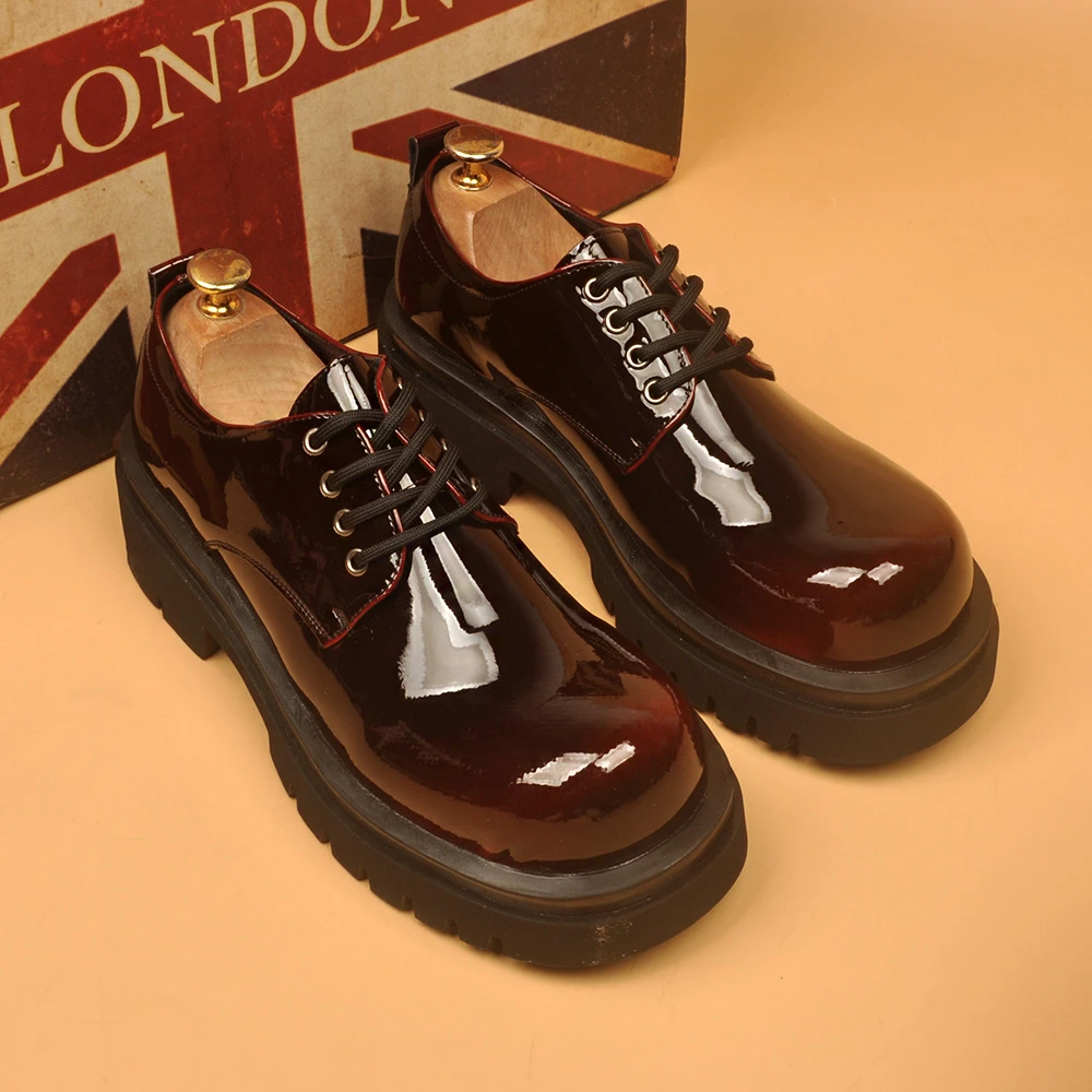 男鞋真皮大头皮鞋圆头英伦厚底德比鞋男款时尚亮皮休闲皮鞋增高潮