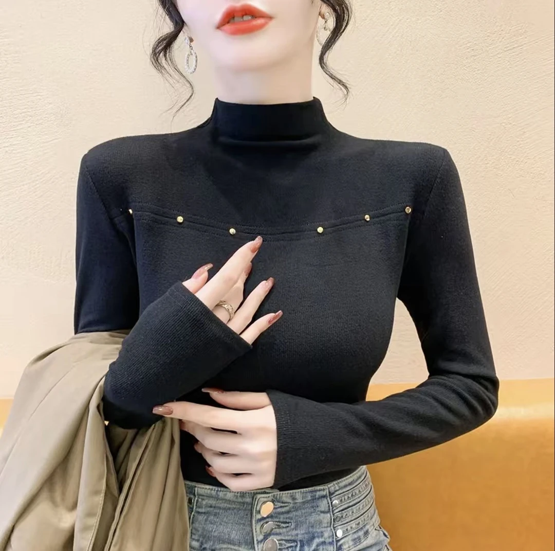 2025新款秋冬加磨毛德绒薄绒钉珠镂空设计感长袖半高领打底衫洋气