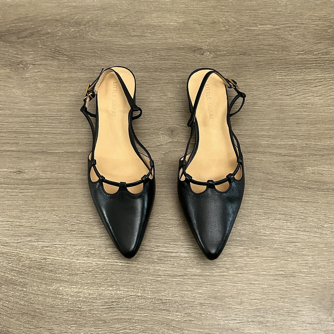 Dannyfrey法式气质尖头镂空包头真皮女百搭低跟浅口一字带凉鞋