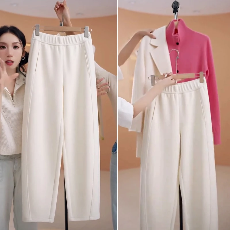 拉夏贝尔奶油白运动卫裤女士2025秋冬镰刀弯刀裤子高腰香蕉阔腿裤