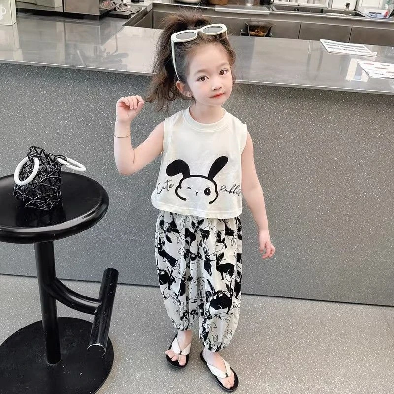 女童套装夏季薄款2025新款儿童夏天防蚊裤宝宝背心卡通穿搭两件套