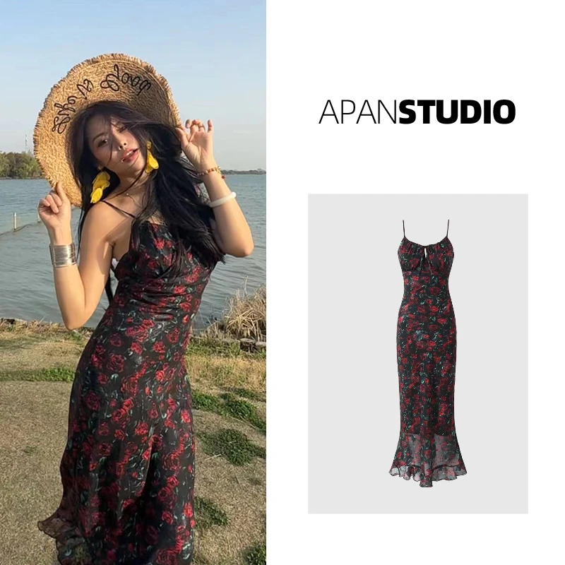 Apan Studio 纯欲吊带连衣裙女夏气质鱼尾裙显瘦复古性感辣妹长裙
