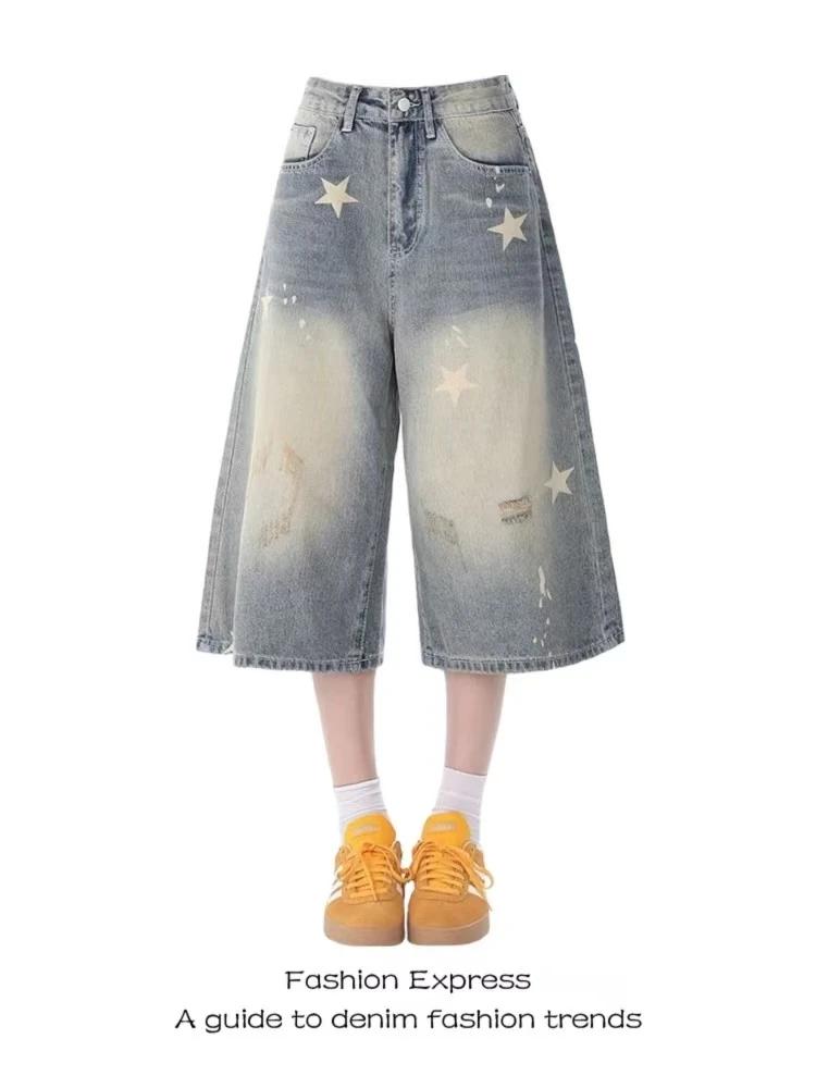 美式七分裤女夏季新款2025复古星星印花破洞宽松直筒阔腿牛仔短裤