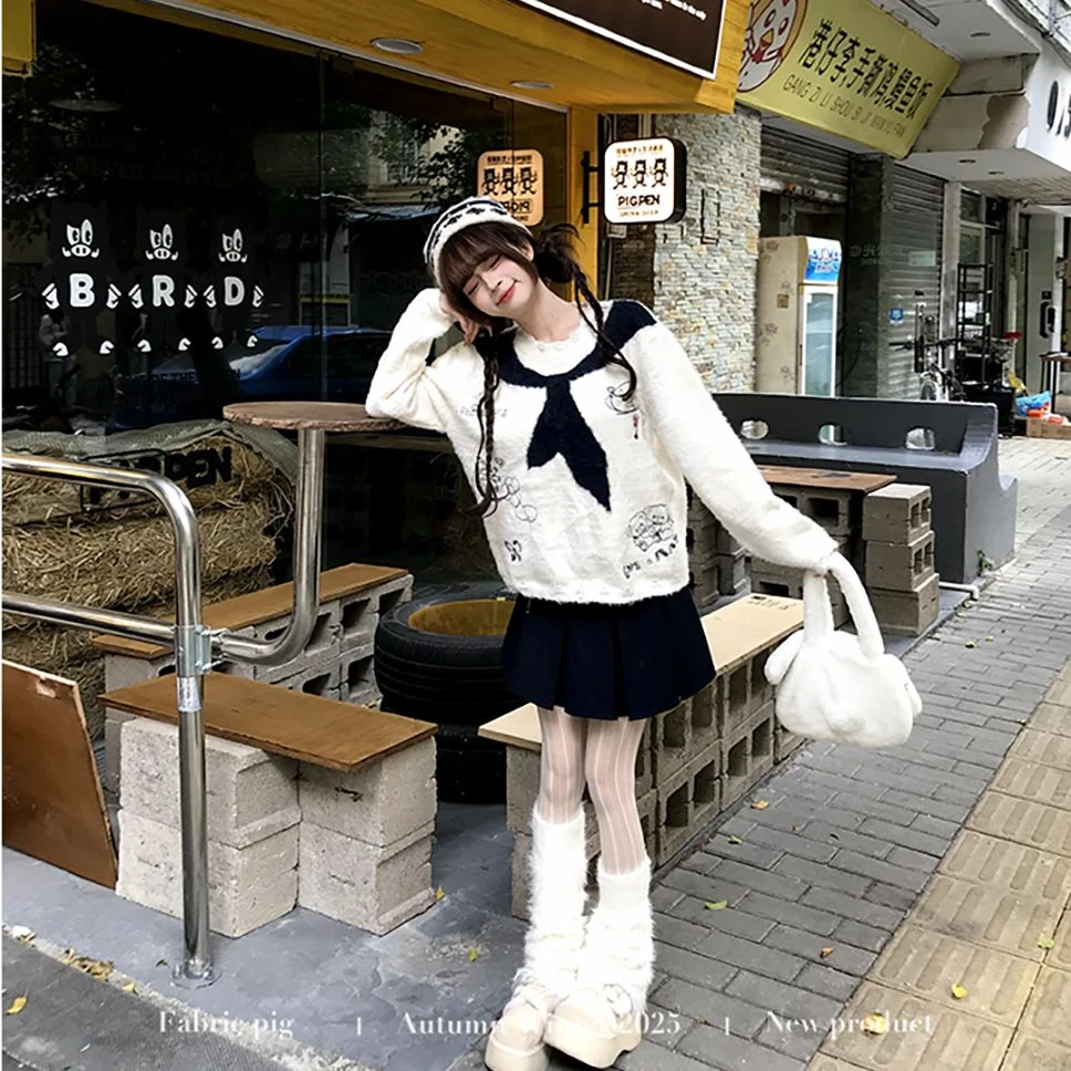 香草奶泡 织物猪原创 学院风圆领毛衣女秋冬破旧感套头针织衫