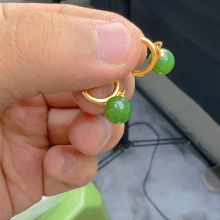 和田玉（碧玉）耳饰银S925镀金镶嵌S****w