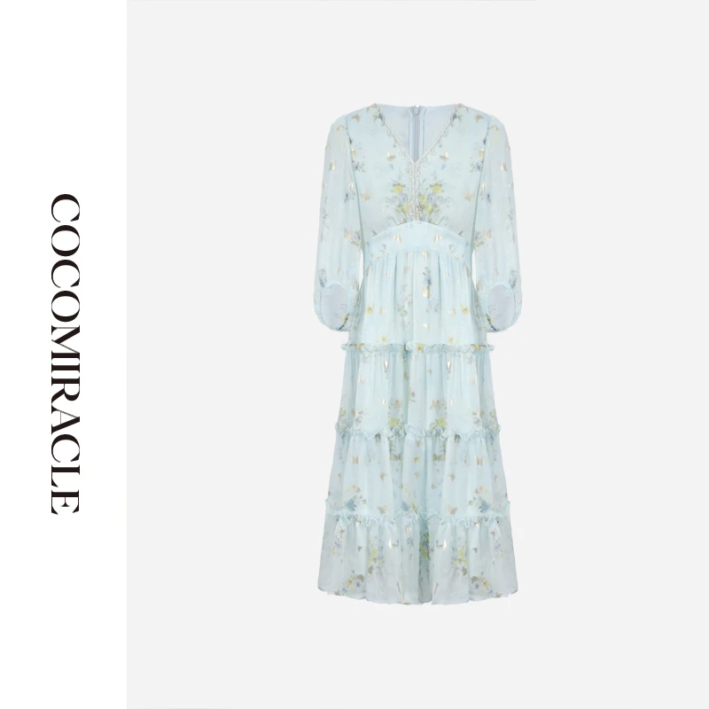 【黄蓉推荐】新款V领钉珠碎花连衣裙Q51LYQ073