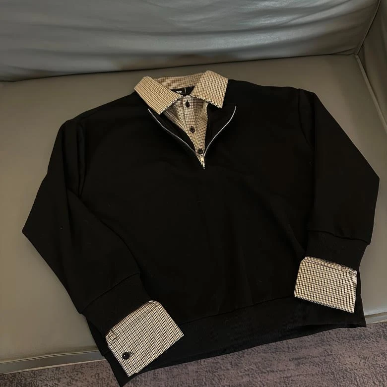 Z246 千鸟格miu系半拉链卫衣美式假两件长袖t恤老钱风翻领外套