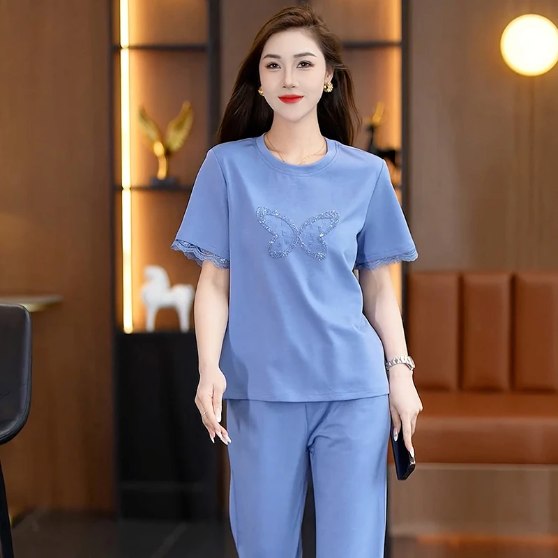 时尚女士夏季短袖百搭圆领运动套装女士夏装休闲套装韩版显瘦T恤