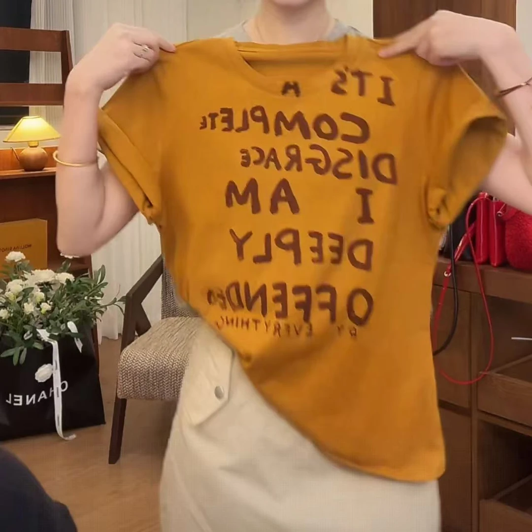 设计感字母南瓜色短袖T恤2025春夏新款女正肩圆领调显白百搭上衣