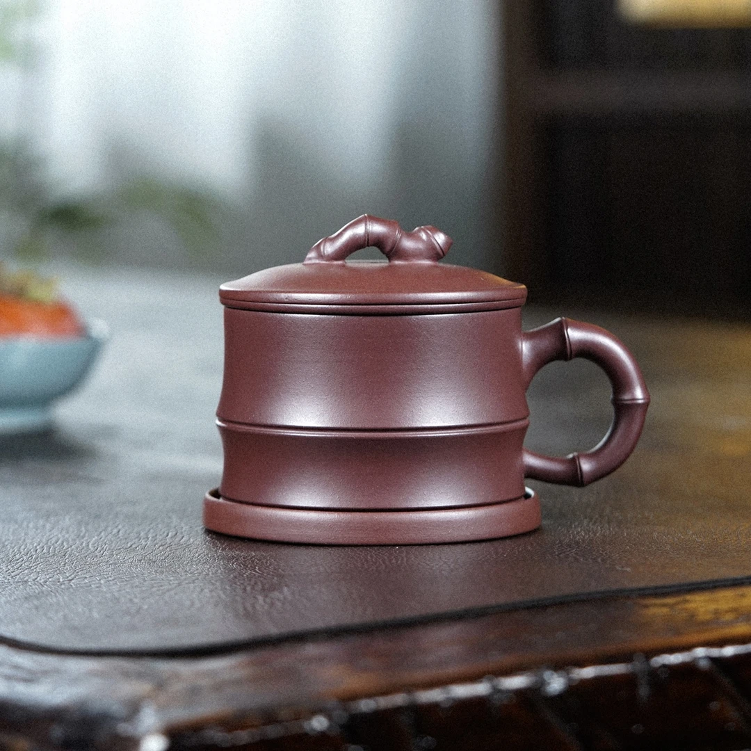 宜兴原矿金龙血砂竹韵四件套带内胆茶漏紫砂盖杯办公杯