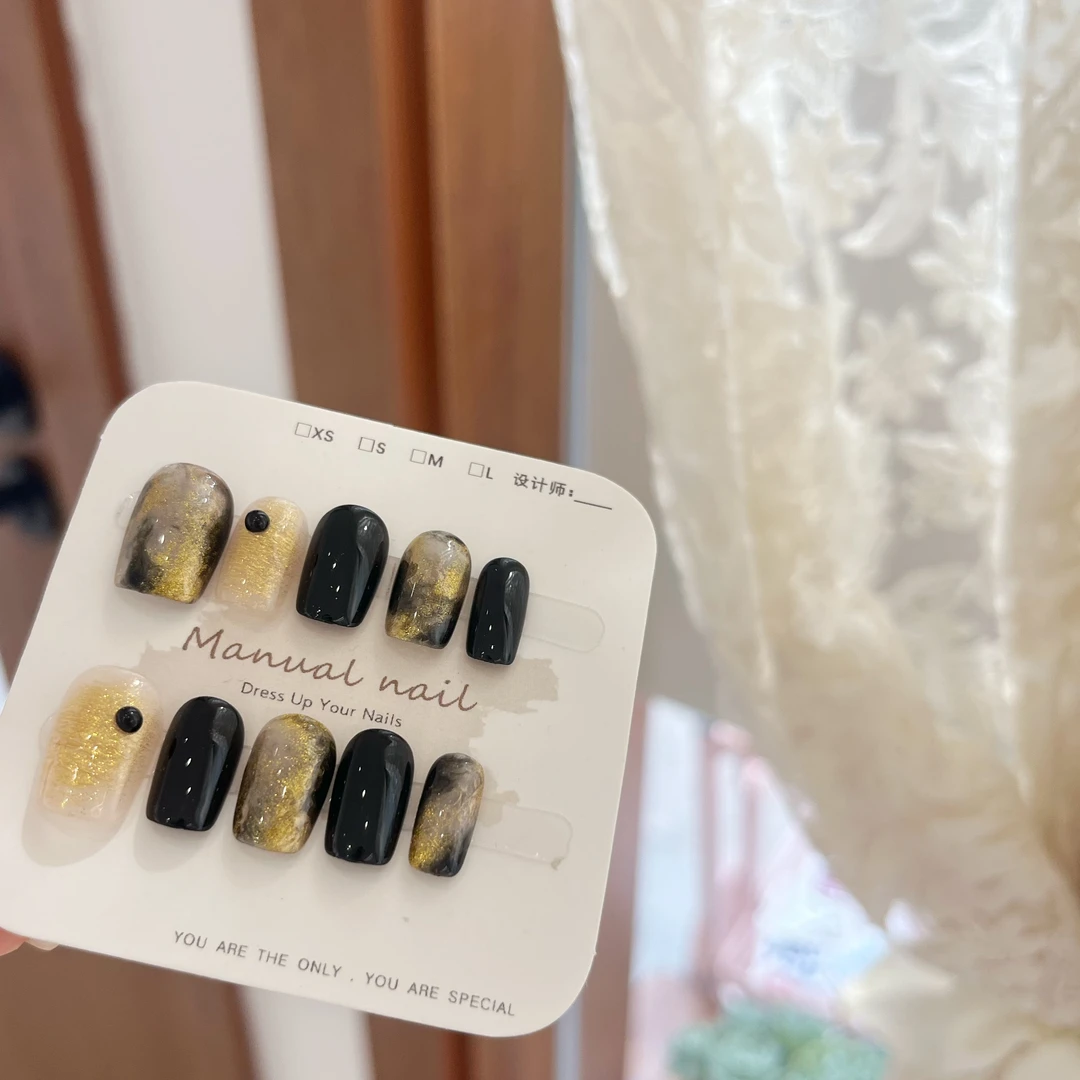 流沙金 显白纯手工穿戴甲黑色金色魔镜晕染