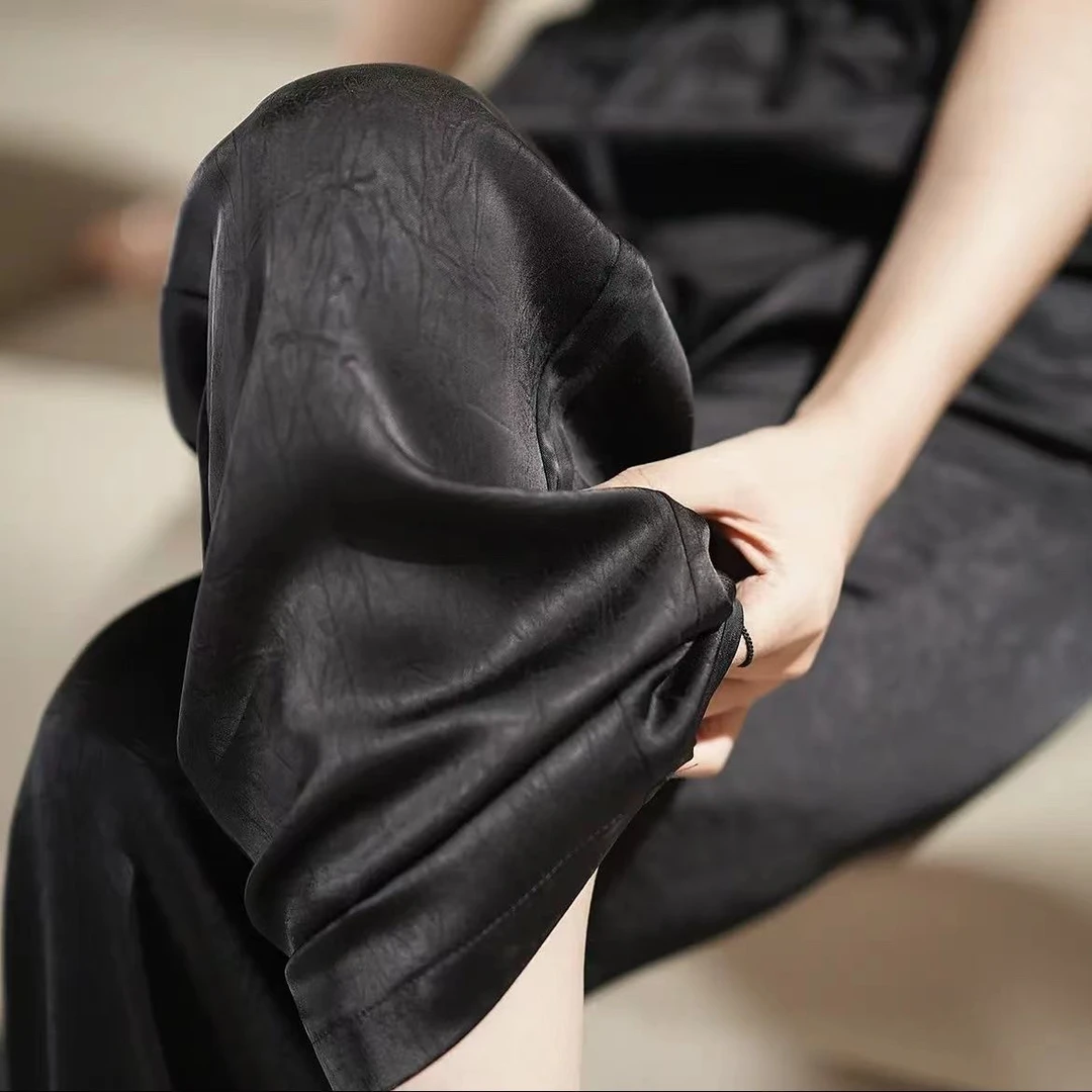 夏季裤子女夏季2025新款缎面醋酸阔腿裤宽松垂坠感薄款冰丝防晒裤