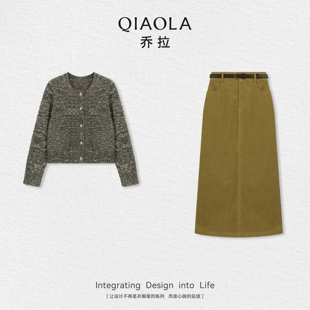 QIAOLA/乔拉【姜糖密语】秋季羊毛圆领落肩简约上衣灯芯绒半裙预售
