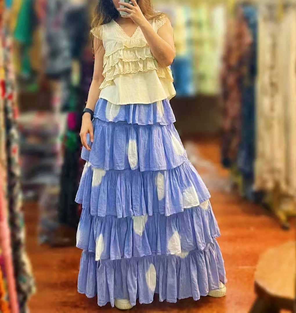 【弦歌】泰国生态棉720度大摆裙波西米亚风松紧腰半身裙时尚百褶