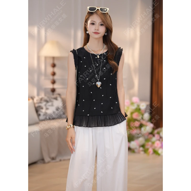 马克华菲女装2025夏季法式无袖蕾丝无袖衬衫网纱拼接设计小衫 S