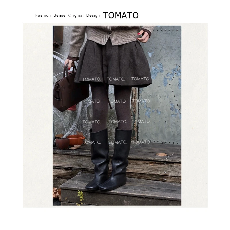 TomaTo-韩系设计感高腰百搭抽绳显瘦时尚系带毛呢短裤D25Q66122