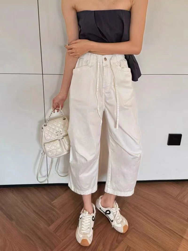 高腰抽绳宽松显瘦九分阔腿女休闲裤
