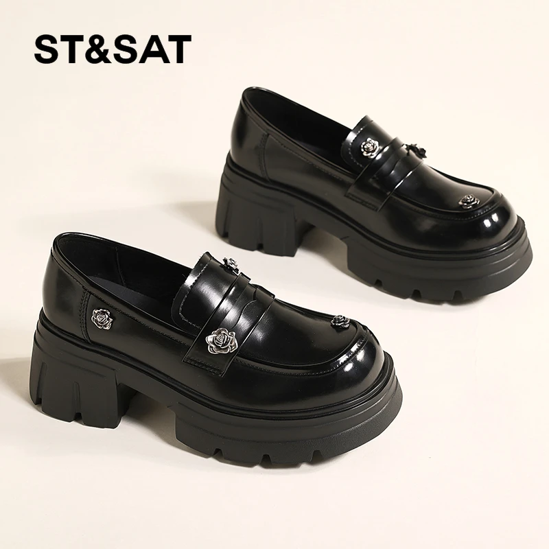 星期六乐福鞋2025春季新款6CM复古英伦风粗跟皮鞋女款一脚蹬单鞋