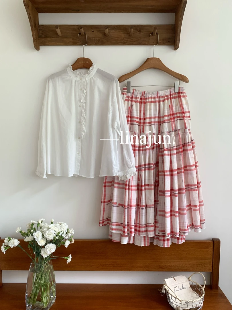 8.12秋棠夏季新款韩版MB木耳边长袖衬衣红白格子松紧腰半身裙