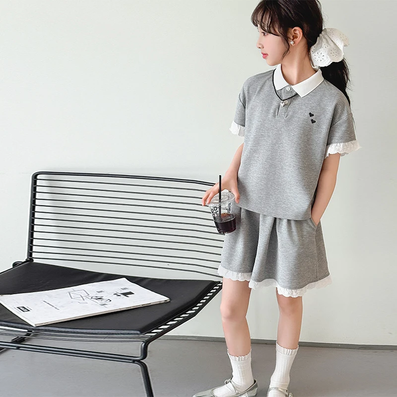女童夏装套装2025新款洋气儿童时髦夏季大童polo衫短袖短裤两件套