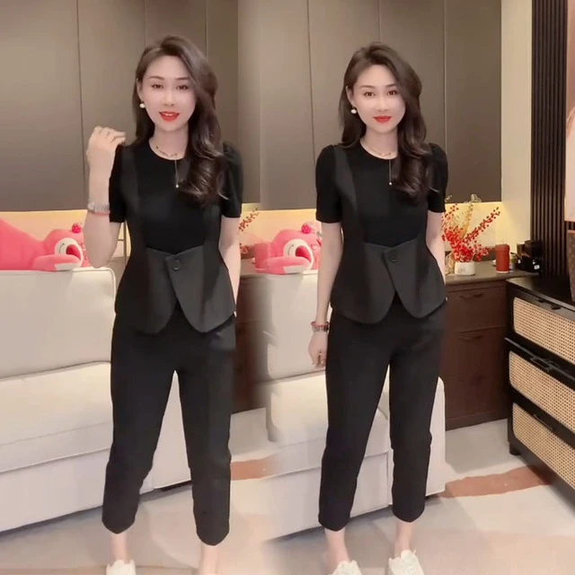 时尚套装女2025春夏季新款拼接假两件显瘦洋气短袖小衫裤子两件套