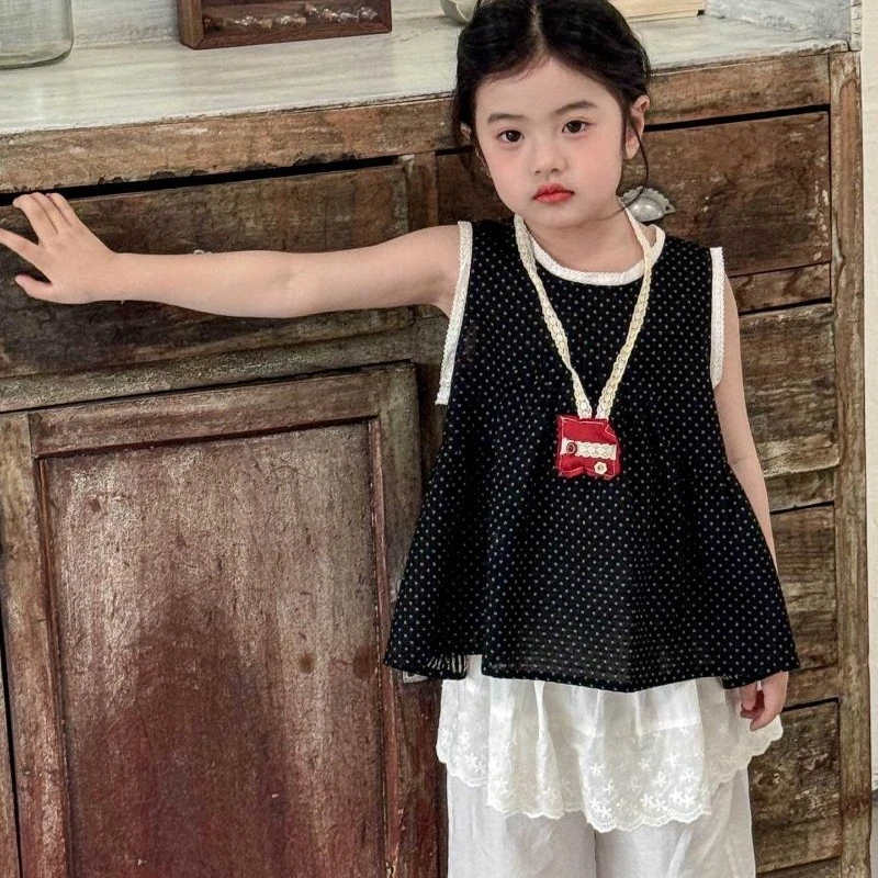 25夏新品韩国童装韩版法式吊带波点薄款宽松女童娃娃衫屁帘裤
