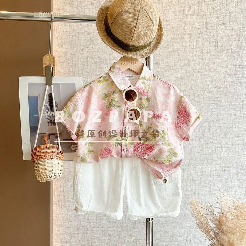 现货【折现浪漫】2025夏新款韩版条纹男童休闲花卉衬衫套装夏季