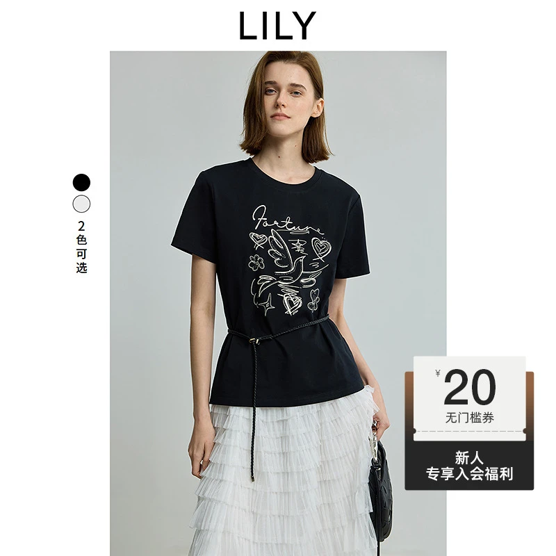 【一秒入夏】LILY2025夏季新款简约线条印花正肩短袖T恤125249VT988