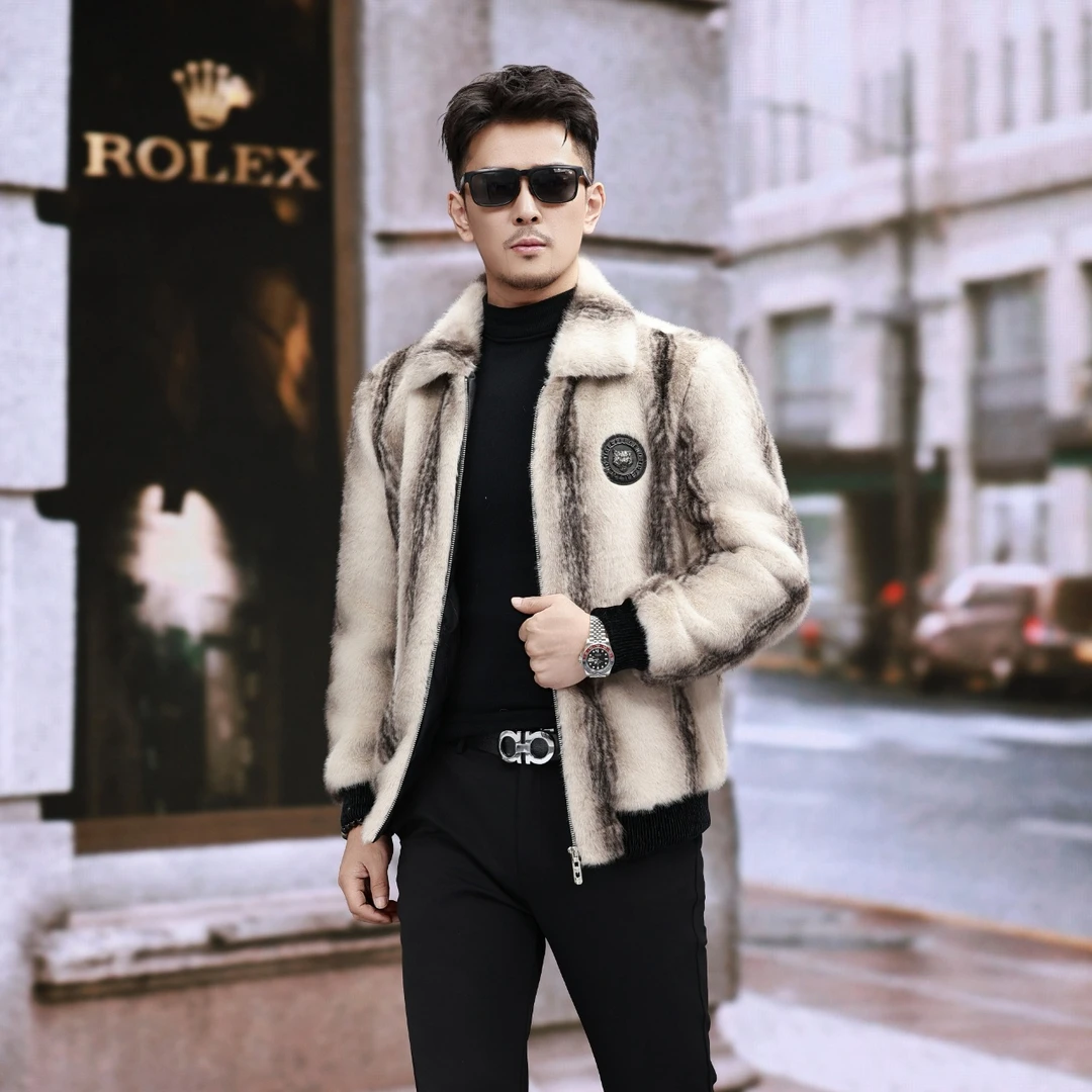 方领048冬季翻领常规款短款人造皮草男款毛皮草休闲连帽