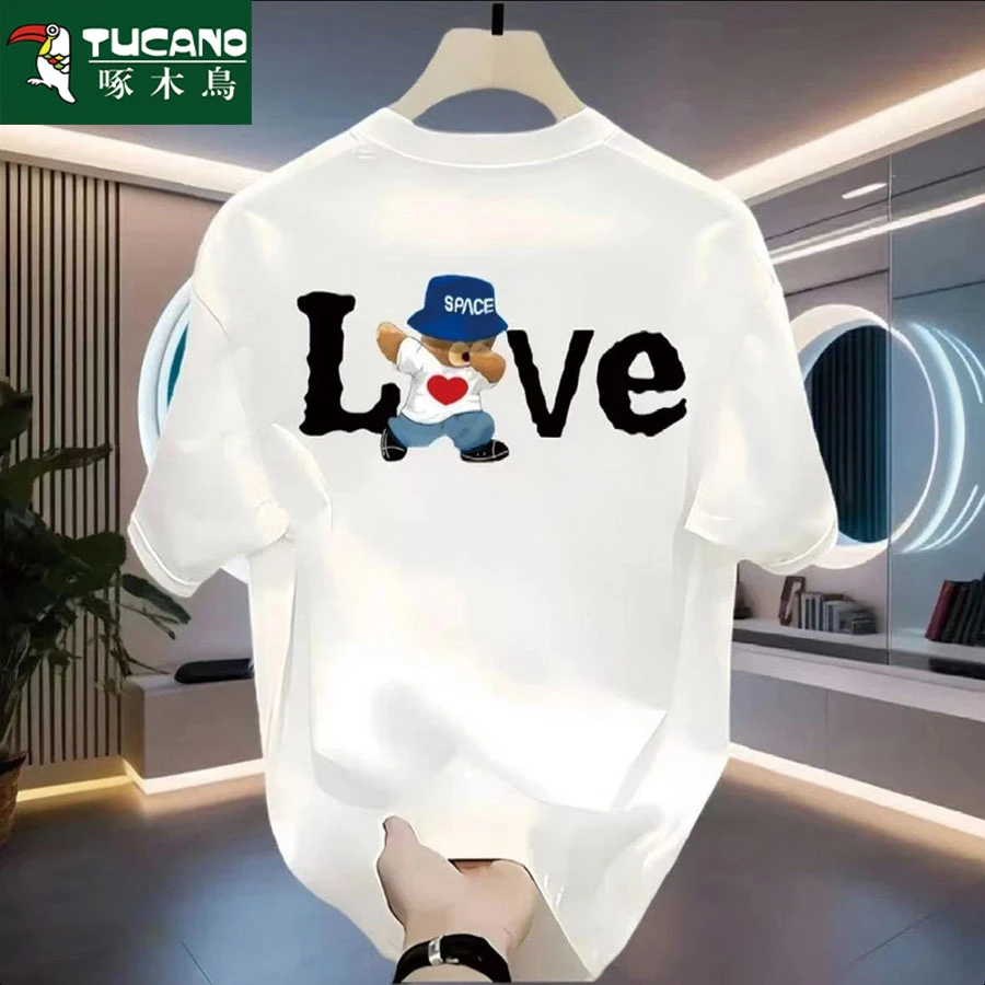 啄木鸟纯棉重磅男士T恤潮牌夏季圆领短袖新款纯棉宽松百搭上衣潮