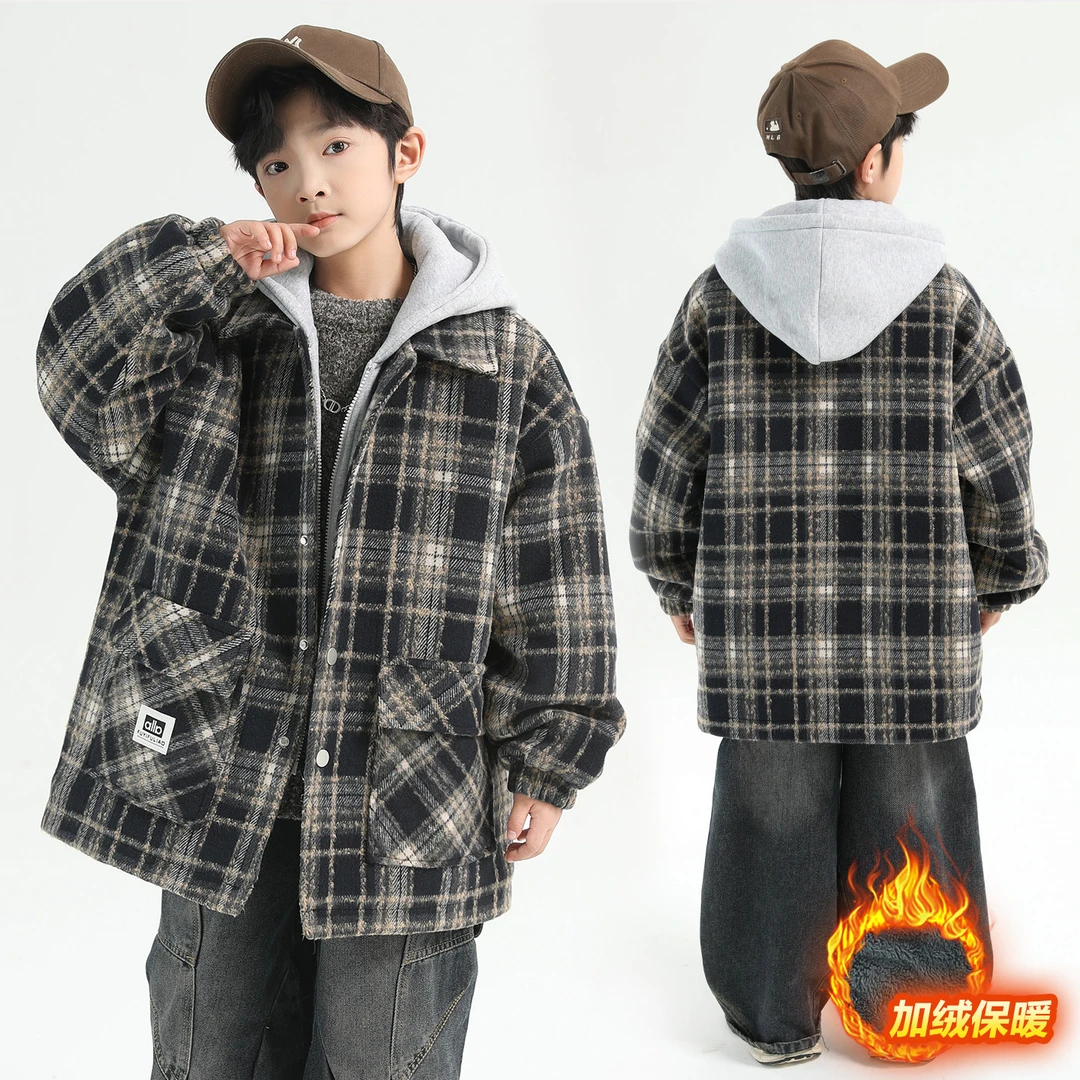 男童冬装新款呢子外套2025帅气儿童秋冬季中大童加绒加厚童装2026
