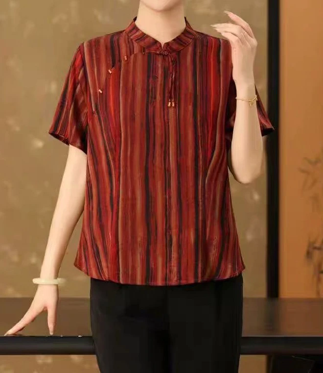 2025年高贵中老年妈妈夏季立领缎面国风短袖衬衣小衫