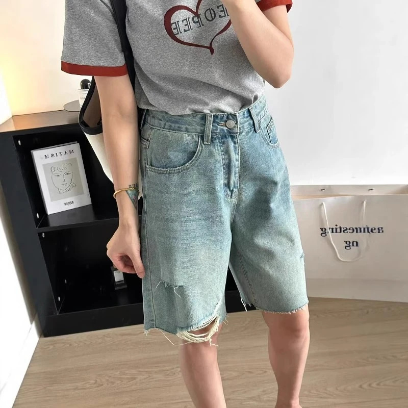梨形身材破洞牛仔短裤女夏季新款大码胖mm高腰遮胯a字阔腿五分裤