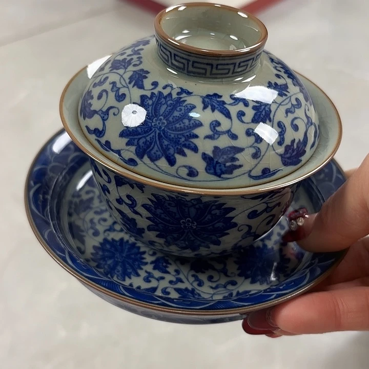 陶摆件老陶泥青花缠枝连大高足盖碗