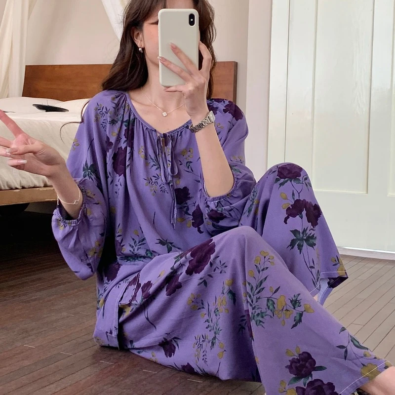 2025新款棉绸睡衣女夏长袖公主风宽松大码家居服春秋款套装可外穿