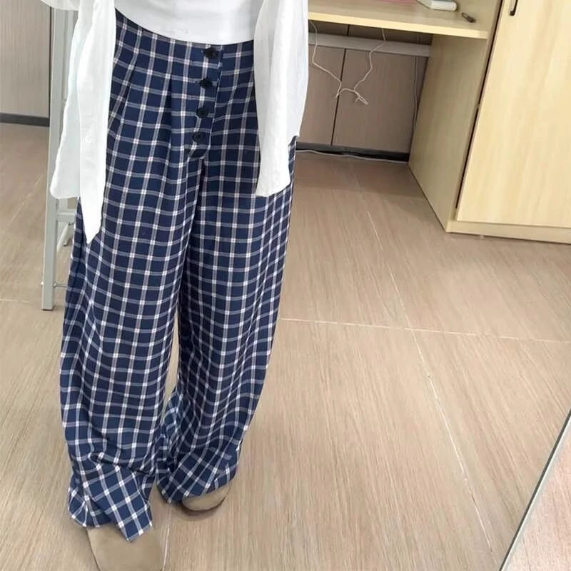 格子直筒休闲裤格子裤女秋季新款大码胖mm宽松显瘦阔腿裤