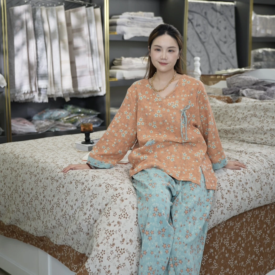 100%纯棉双层纱A类全棉女士中国风碎花睡衣套装蓝橘套装