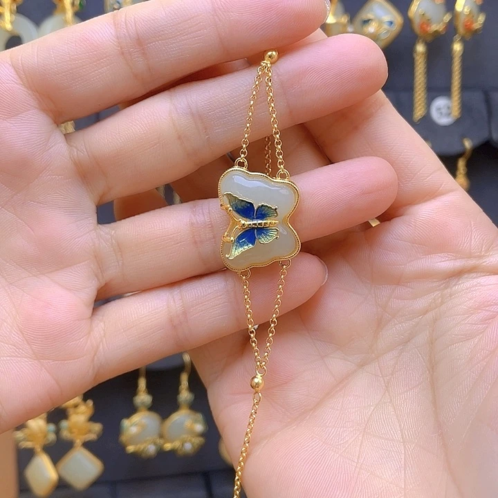 和田玉银S925镀金镶嵌手链