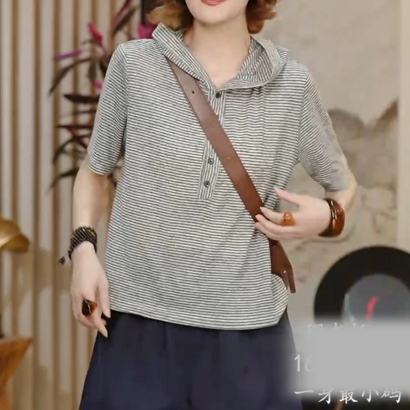 大码条纹短袖T恤女2025年夏季新款复古撞色宽松休闲百搭连帽洋气