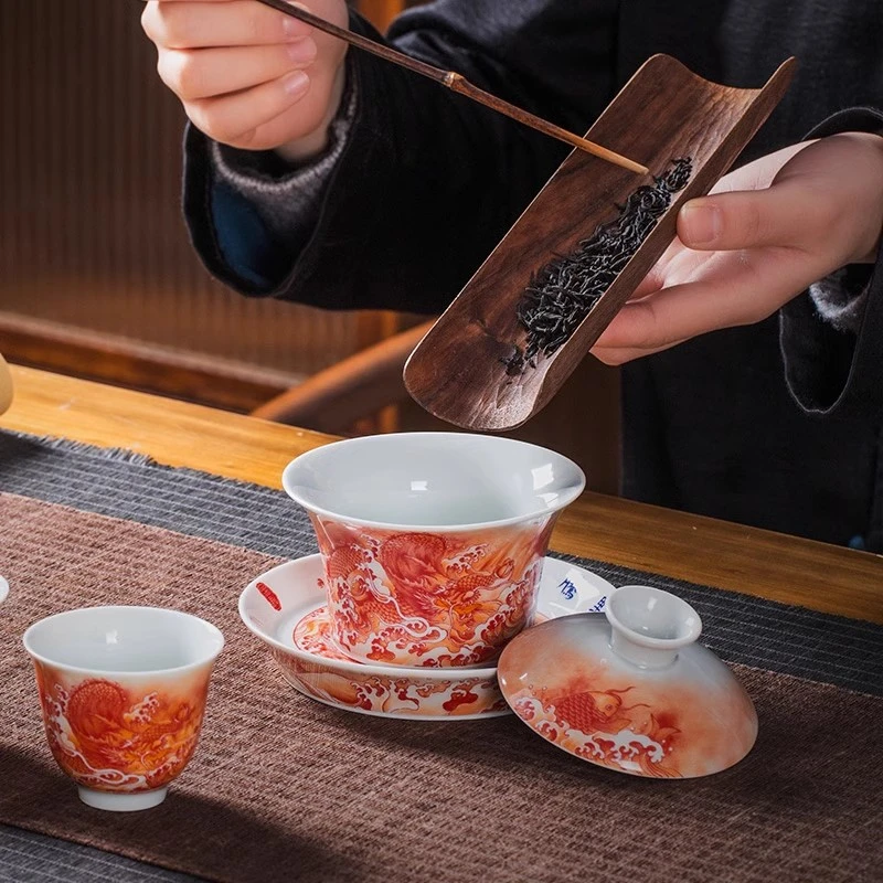 当代 仿古泥矾红鱼化龙三才盖碗茶杯家用高档陶瓷泡茶碗龙纹茶具