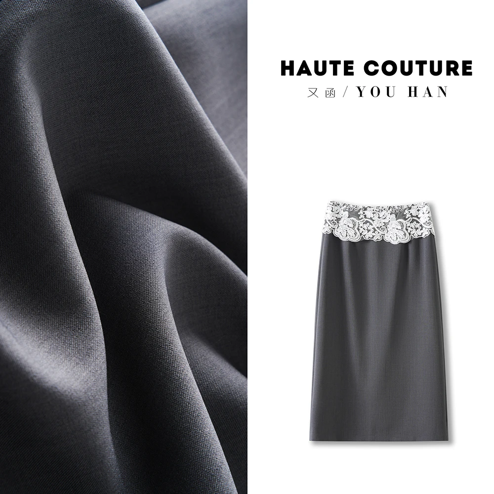 法式西装蕾丝拼接半身裙慵懒格雷系中长款显瘦高级感长裙时髦感