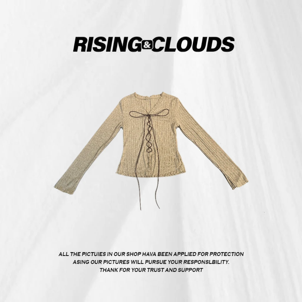 RISING&CLOUDS莎莎【风拂柳】深圳南油时尚木耳边V领系带小衫090123