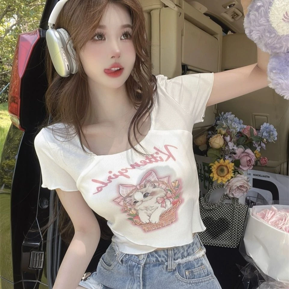 独特别致美式辣妹性感修身短款方领猫咪上衣设计感小众短袖T恤女