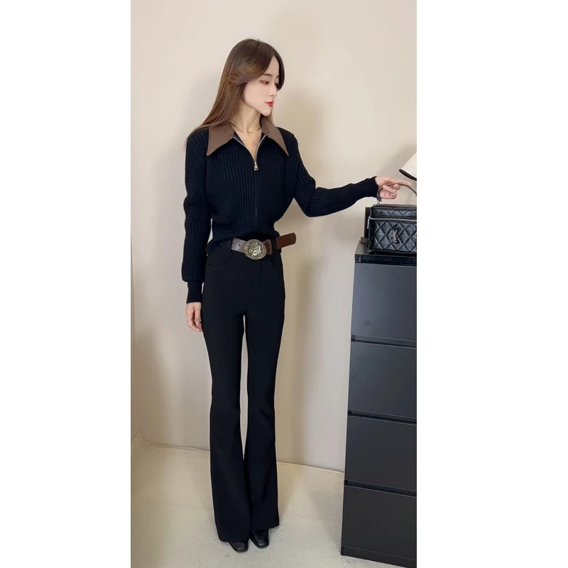 含腰带/名媛风气质洋气撞色设计感拉链针织毛衣女微喇裤长裤潮