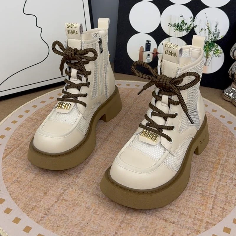 网纱米白马丁靴女款2025新款春季薄款透气短靴厚底单靴百搭网靴子