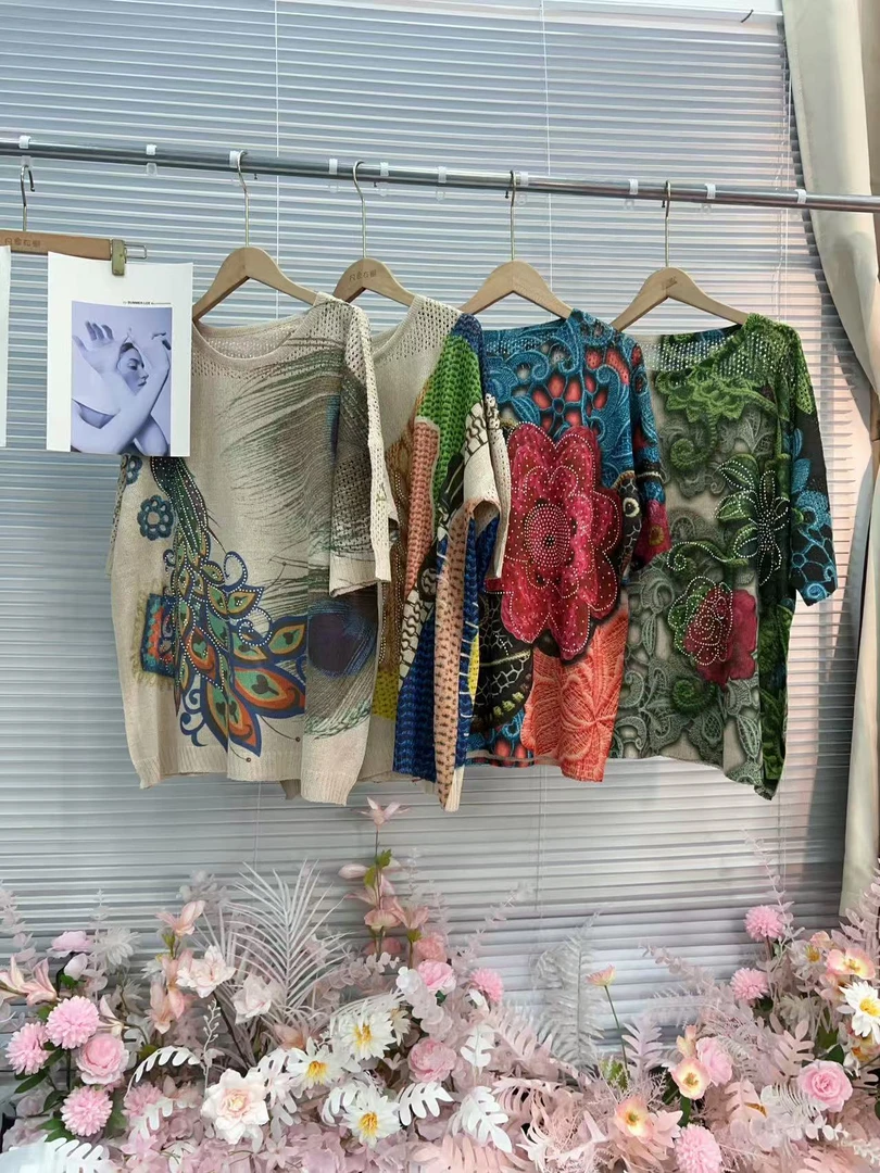 866【安言服饰】时尚洋气百搭烫钻印花冰丝线衫显瘦民族风T恤网红