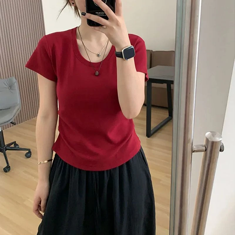 大码胖mm200斤简约纯色U领正肩t恤女夏季百搭休闲气质显瘦上衣ins